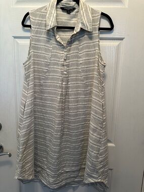 Sharagano Linen Cotton Blend Sleeveless Striped A line Shirt Dress Pockets 10